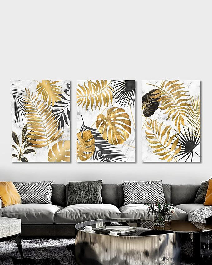3 Panels Canvas Wall Art Tropical Palm Gold Leaves 70x50cm