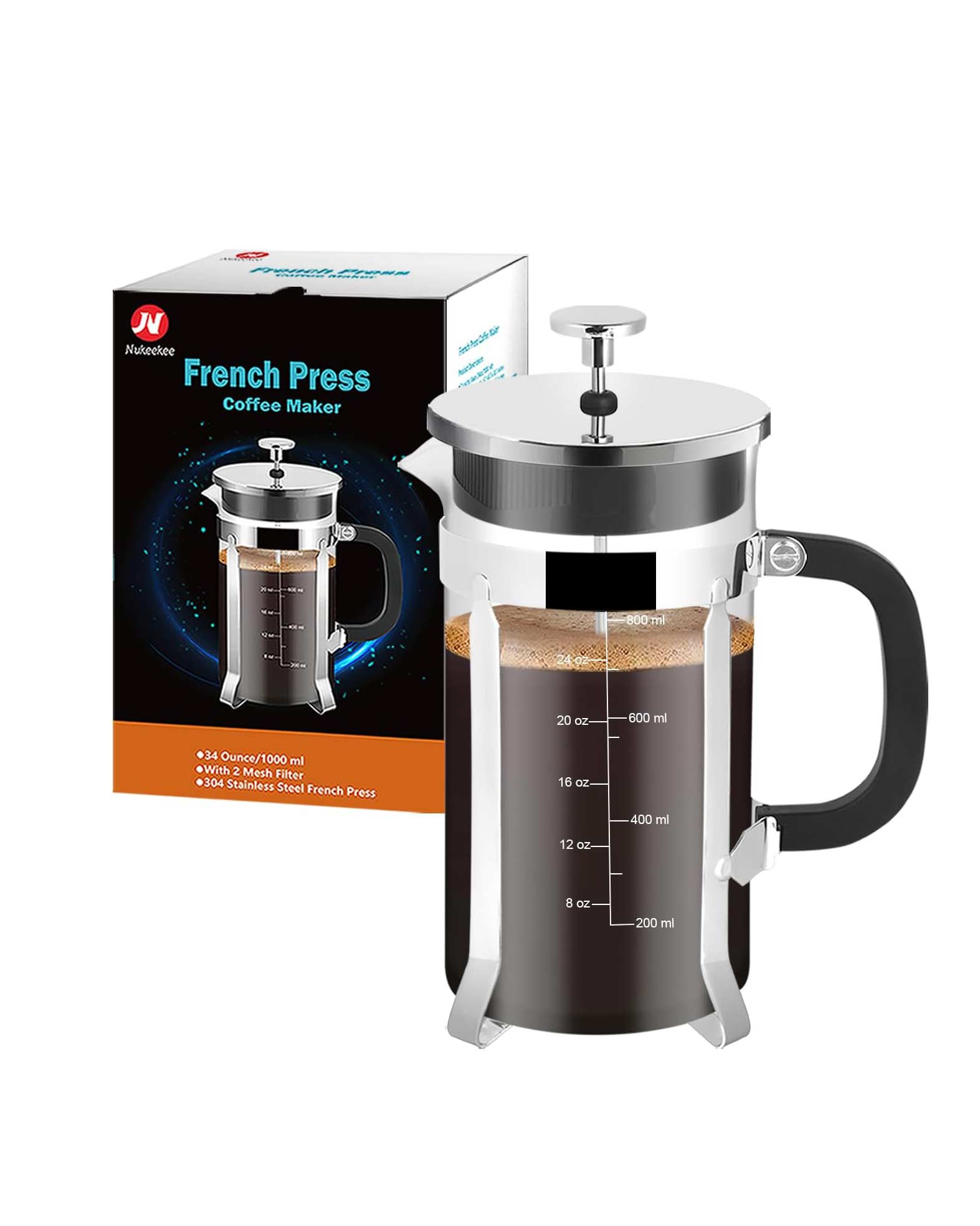 French Press Coffee Maker 34oz Glass Chrome