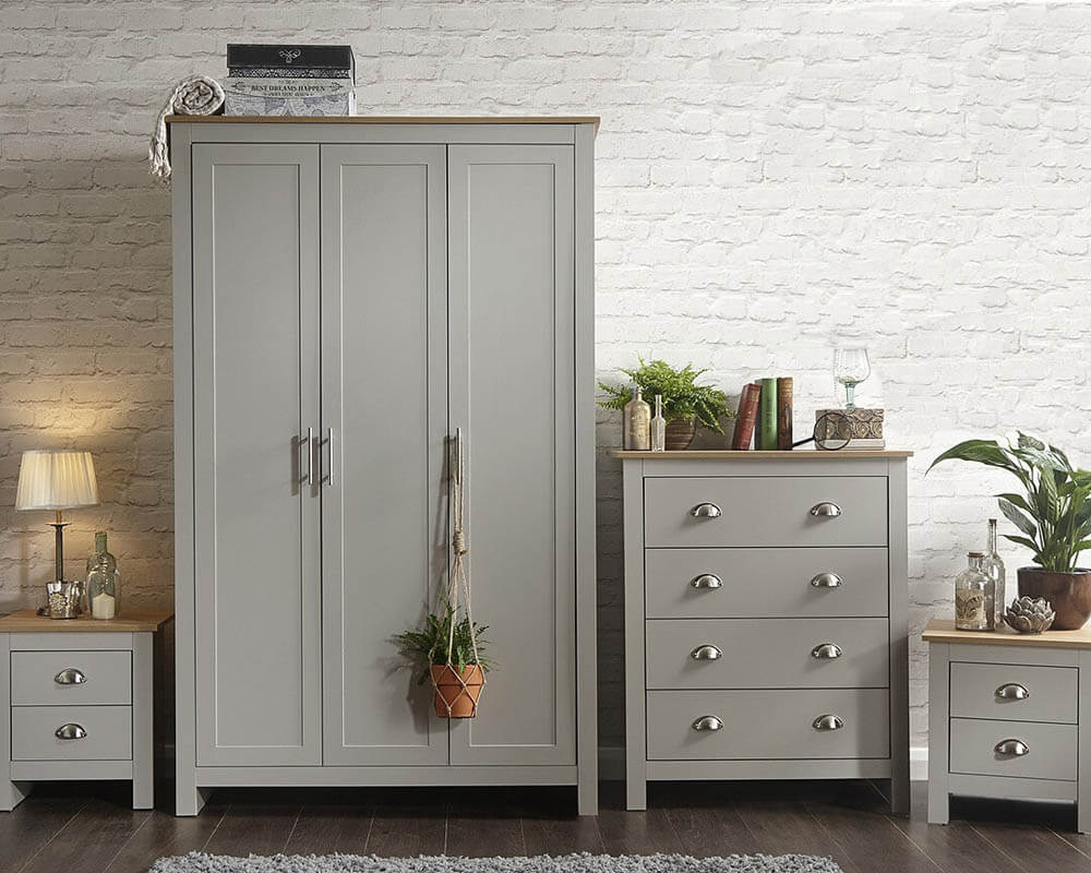 Lancaster 4-Piece Bedroom Set, Grey. Lifestyle image, side by side view of all