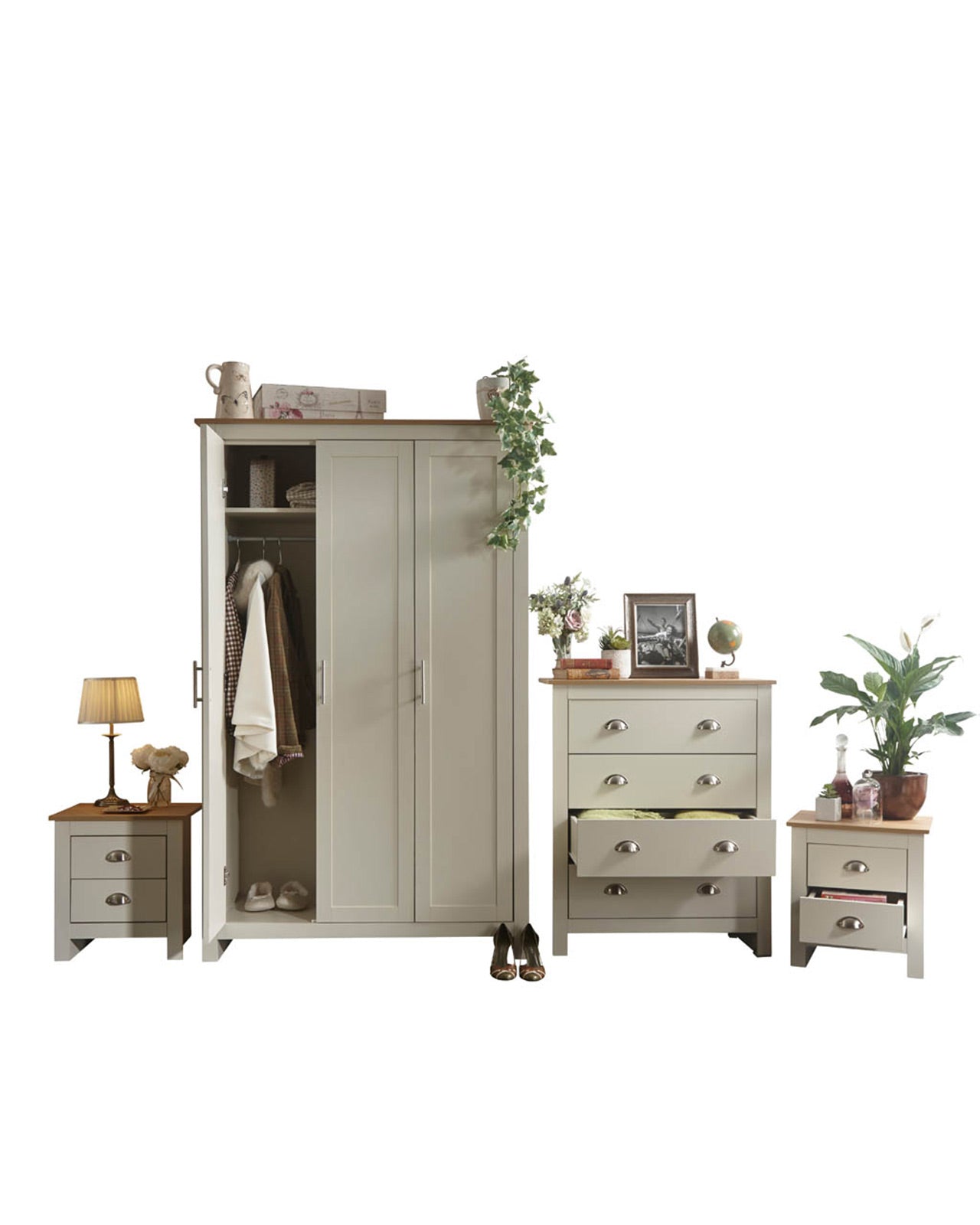 It’s easy to create a bedroom that showcases effortless chic, with this stylish four-piece furnishing pack. The shaker-inspired design exudes understated luxury. Comprising a three-door wardrobe, four-drawer chest and pair of neat lamp tables, each piece is finished in cream or grey foil with an oak top and brushed steel handles. A well-thought-out mix of hanging and flat storage that’s suitable for a double room.