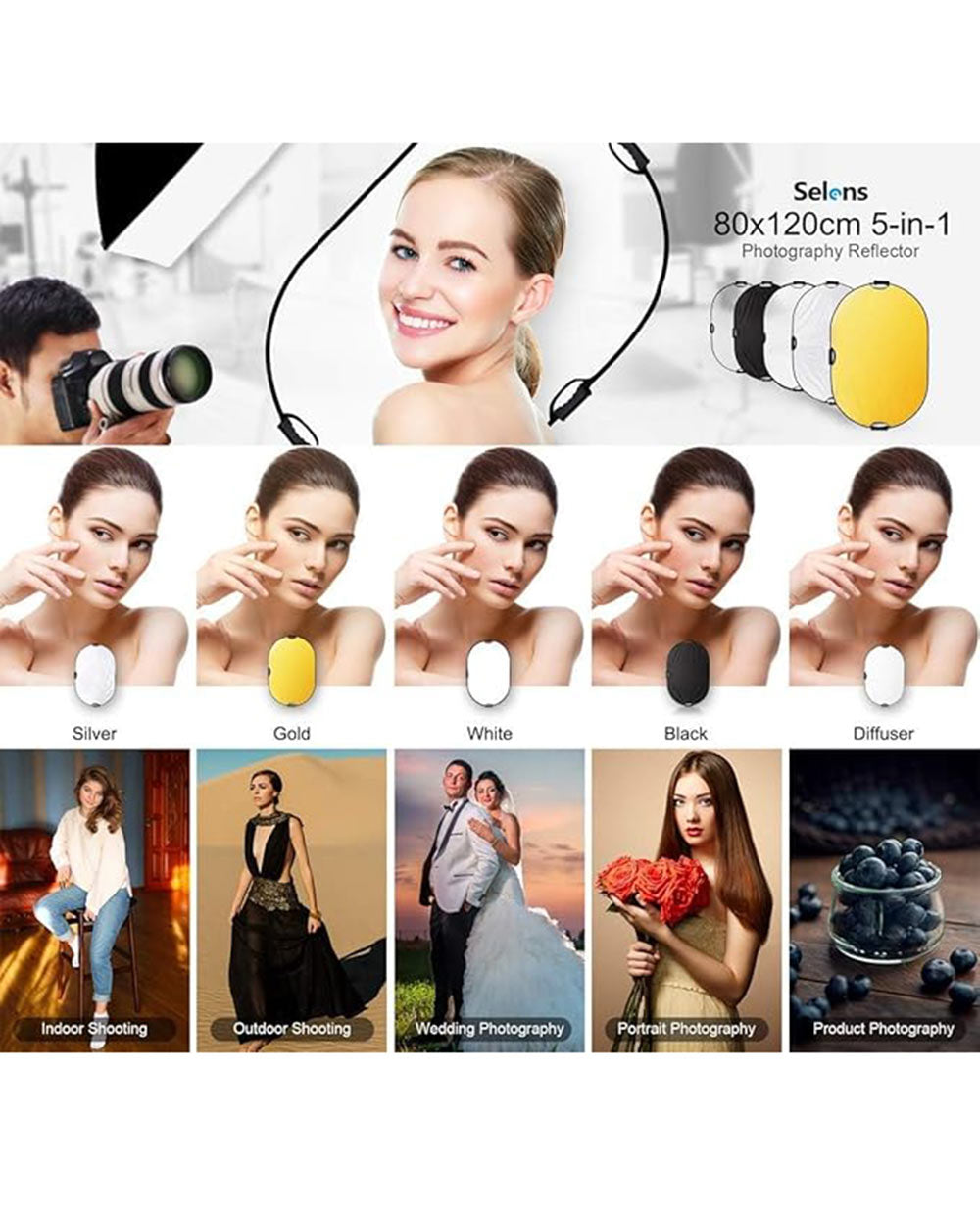 Selens 5 in 1 Collapsible Oval Light Reflector 80x120cm