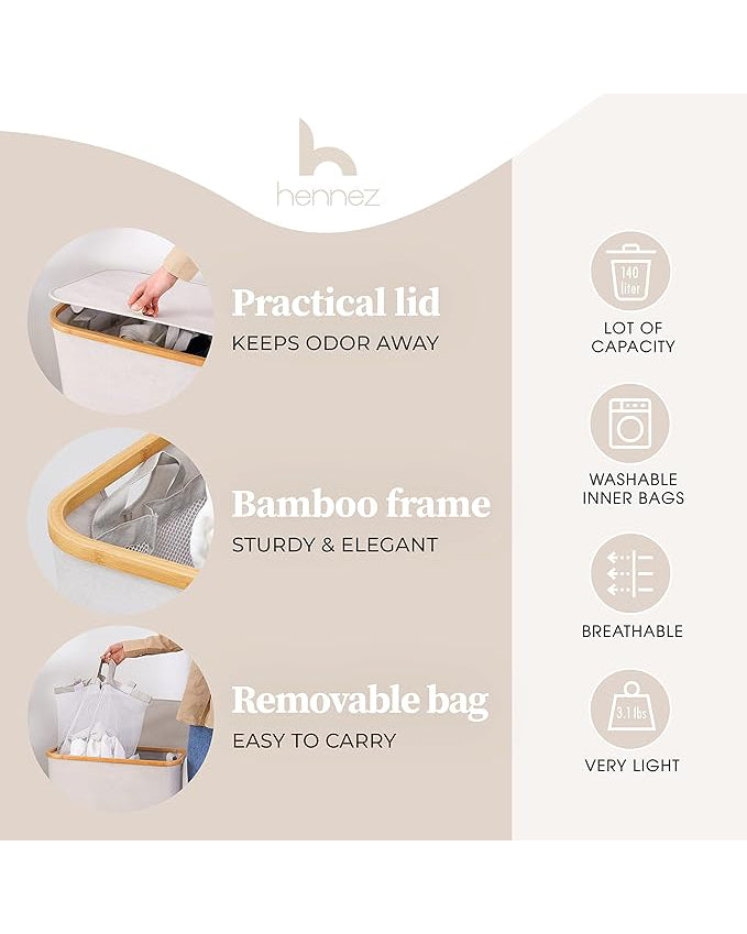 Hennez 140L Double Laundry Hamper Removable Bags Grey