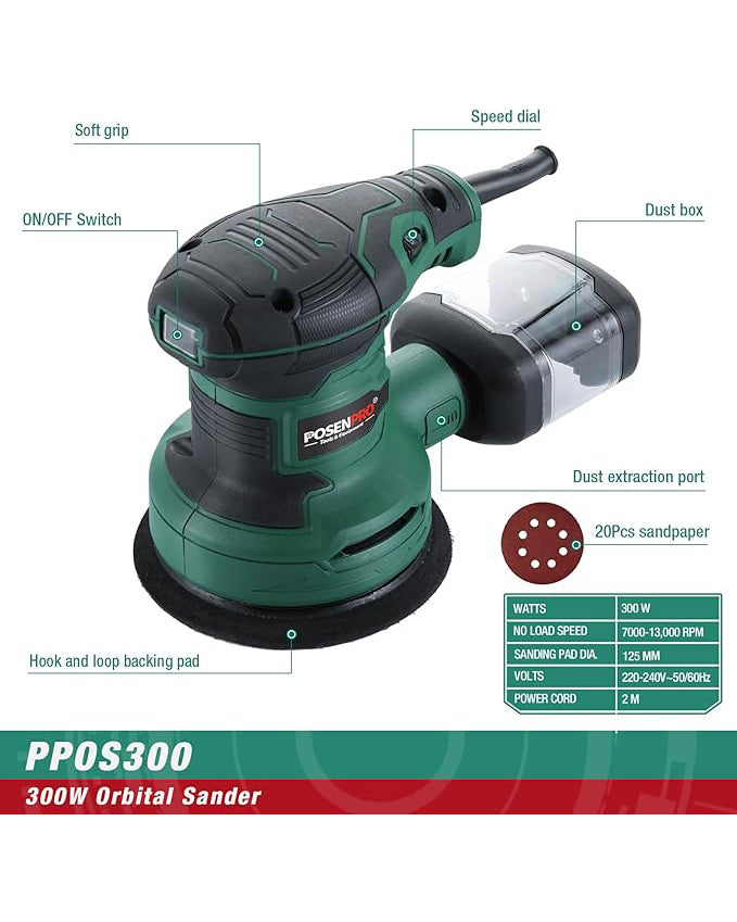 POSENPRO 300W Orbital Sander with 20Pcs 125mm Sandpapers