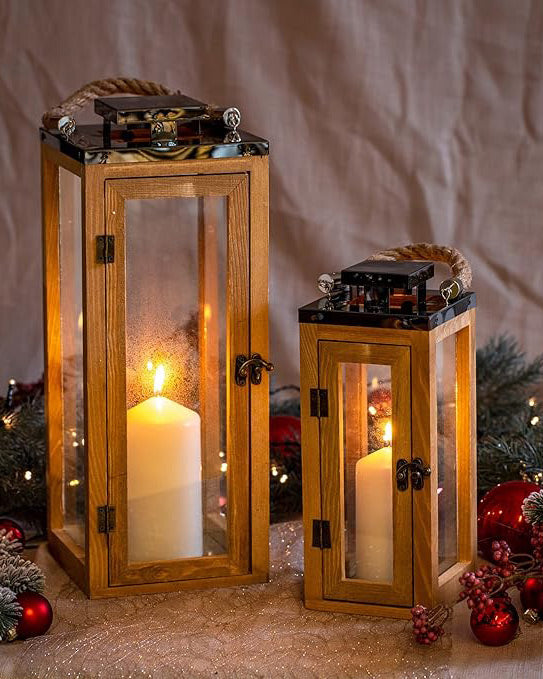 Wooden Lanterns Set of 2 Indoor Outdoor