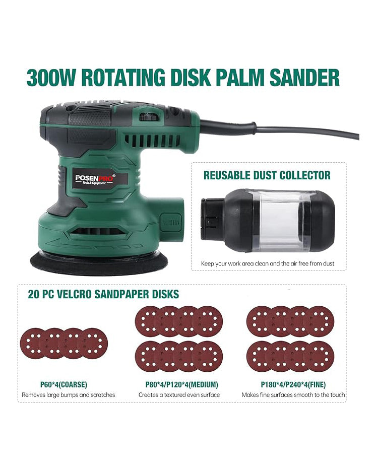 POSENPRO 300W Orbital Sander with 20Pcs 125mm Sandpapers