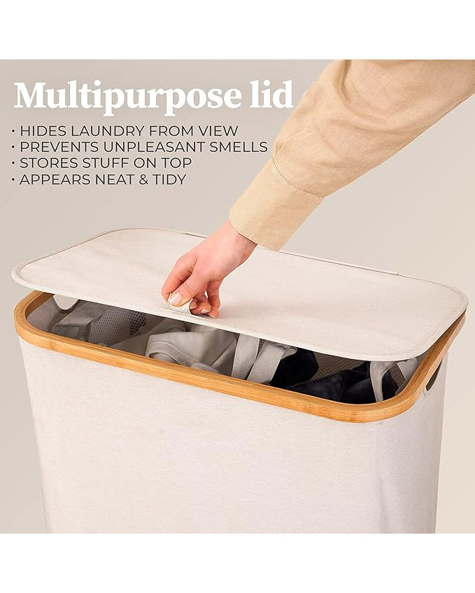 Hennez 140L Double Laundry Hamper Removable Bags Grey