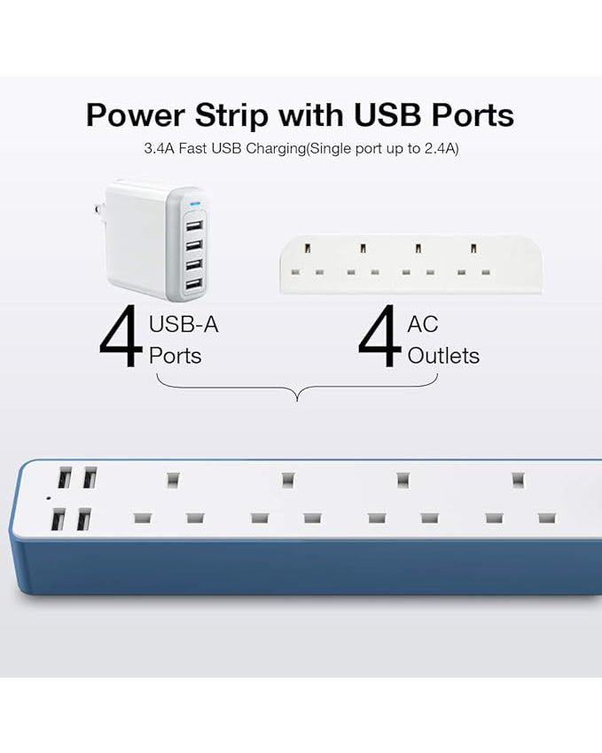 Extension Lead Power Strip 4 USB Port 4 Way Outlets 1.6M