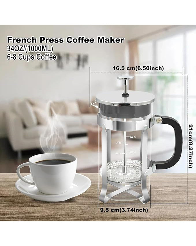 French Press Coffee Maker 34oz Glass Chrome