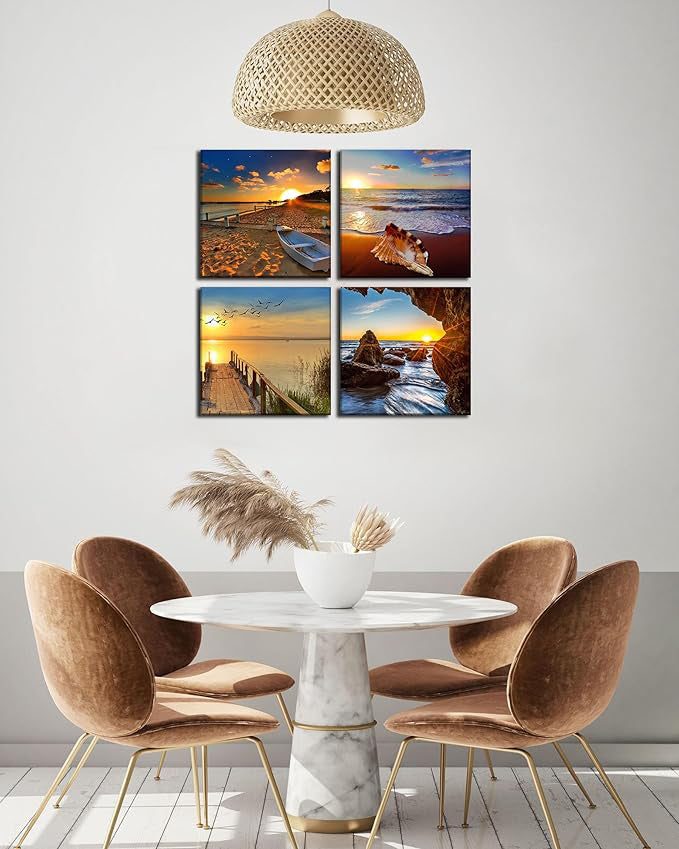 4 Panel Framed Sunrise Canvas Wall Art 16 X 16"