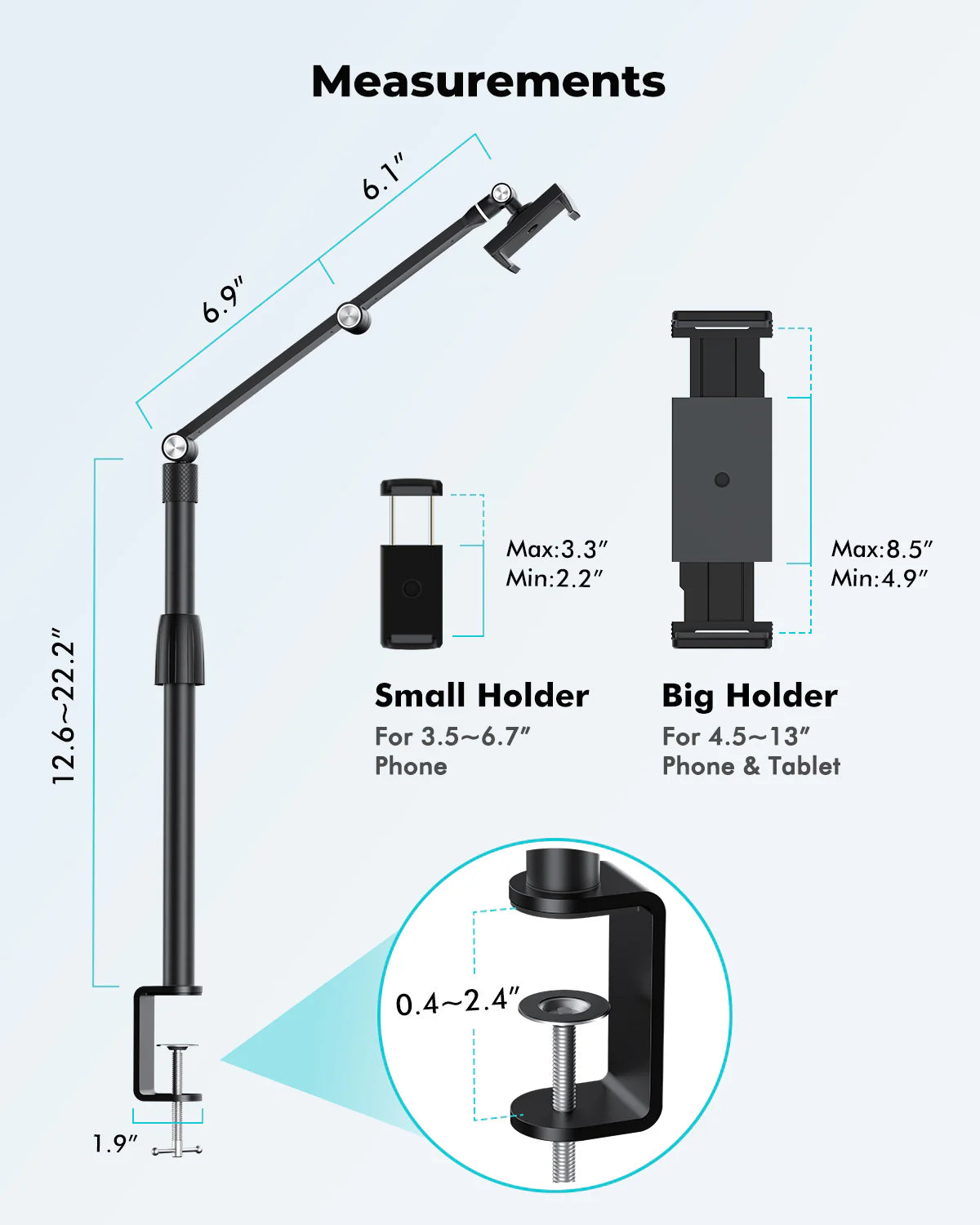 Tablet Phone Desktop Overhead Stand C Clamp Silver