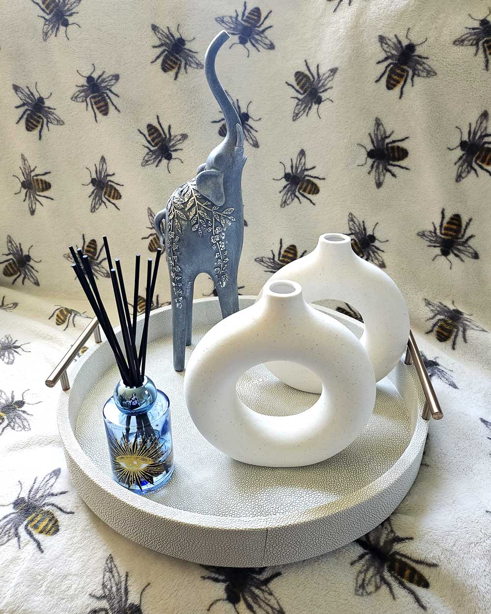 Faux Ivory Shagreen Round Tray With Handles