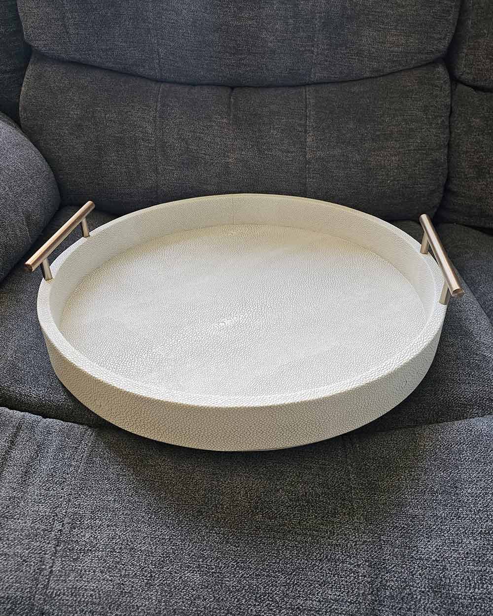 Faux Ivory Shagreen Round Tray With Handles