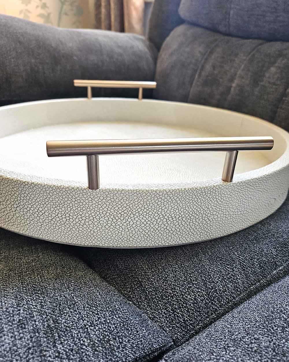 Faux Ivory Shagreen Round Tray With Handles