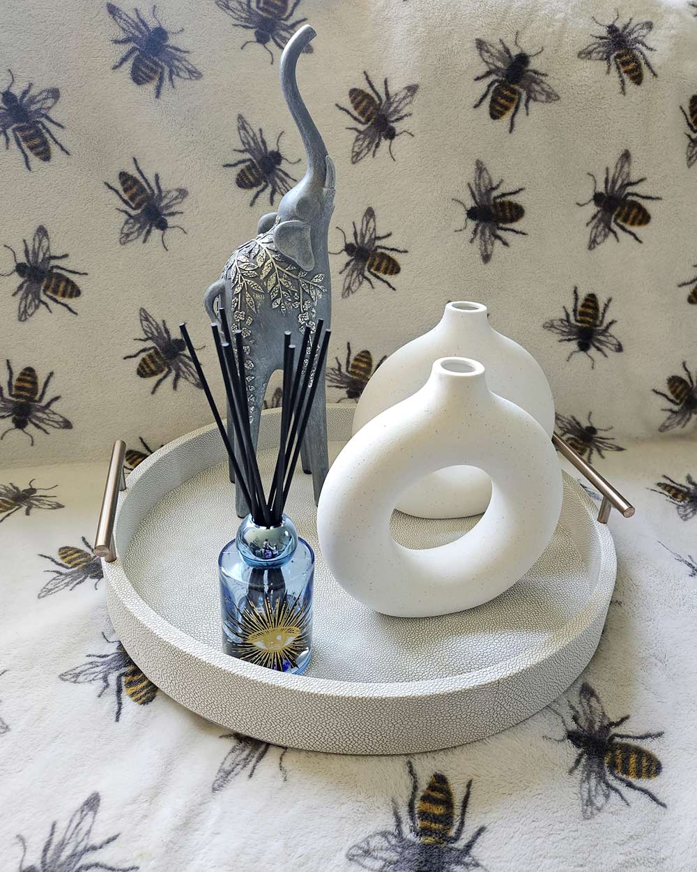 Faux Ivory Shagreen Round Tray With Handles