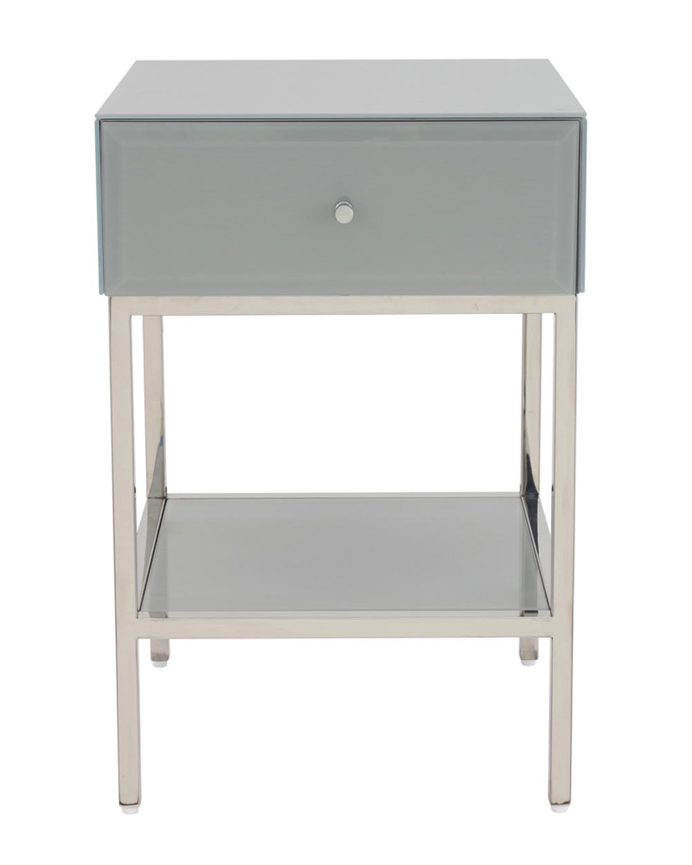Create an instantly glamourous and stylish decor with this premium glass bedside table. No bedroom is complete without a bedside table to look after your morning alarm. Designed with a stainless steel frame and thick glass panels. It has a sturdy and solid frame ensuring it is durable and strong. This lovely grey glass bedside table is the perfect companion to any modern bedroom.