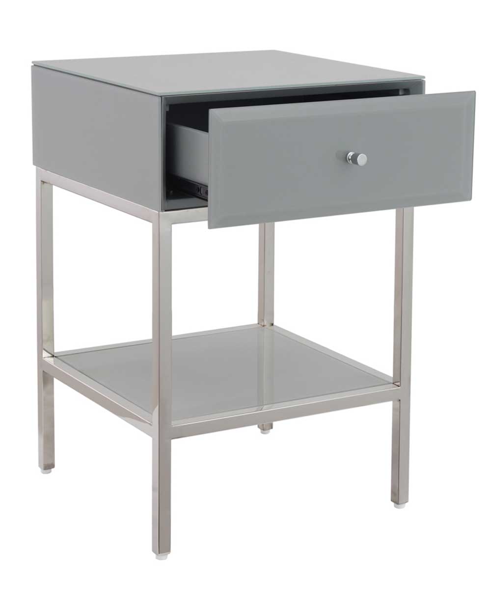 Create an instantly glamourous and stylish decor with this premium glass bedside table. No bedroom is complete without a bedside table to look after your morning alarm. Designed with a stainless steel frame and thick glass panels. It has a sturdy and solid frame ensuring it is durable and strong. This lovely grey glass bedside table is the perfect companion to any modern bedroom.