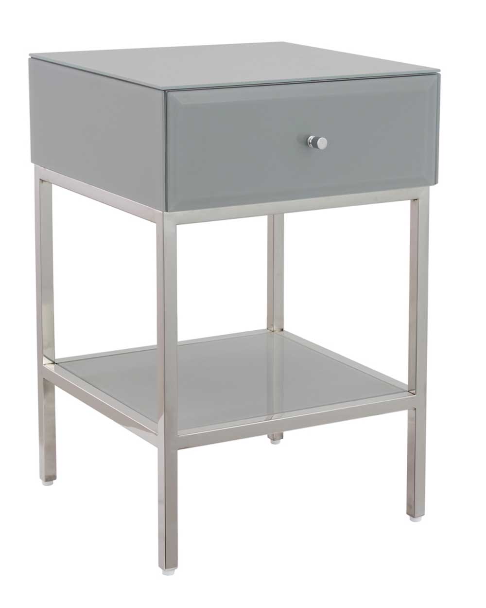 Create an instantly glamourous and stylish decor with this premium glass bedside table. No bedroom is complete without a bedside table to look after your morning alarm. Designed with a stainless steel frame and thick glass panels. It has a sturdy and solid frame ensuring it is durable and strong. This lovely grey glass bedside table is the perfect companion to any modern bedroom.