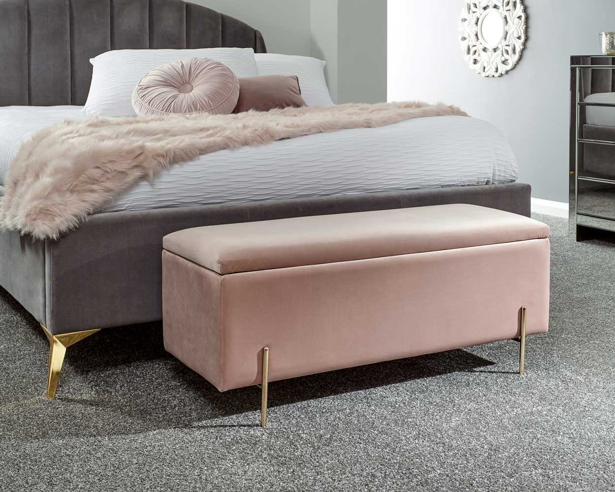 Every bedroom needs storage. This upholstered storage bench is perfectly stylish and a great choice.Mystica Ottoman Storage Bench Blush Pink