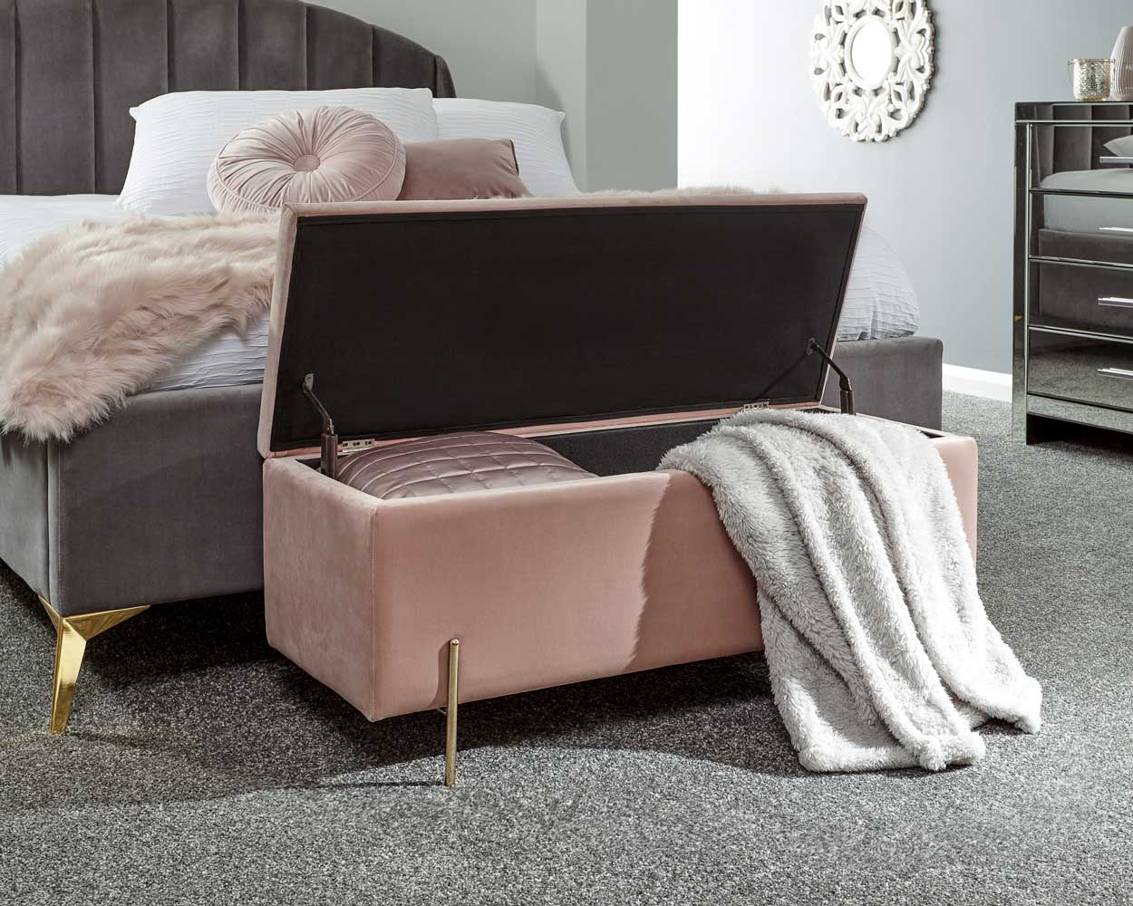 Every bedroom needs storage. This upholstered storage bench is perfectly stylish and a great choice.Mystica Ottoman Storage Bench Blush Pink