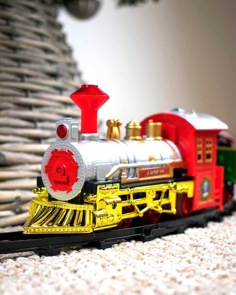 close up of Christmas train set for the bottom of the tree decoration
