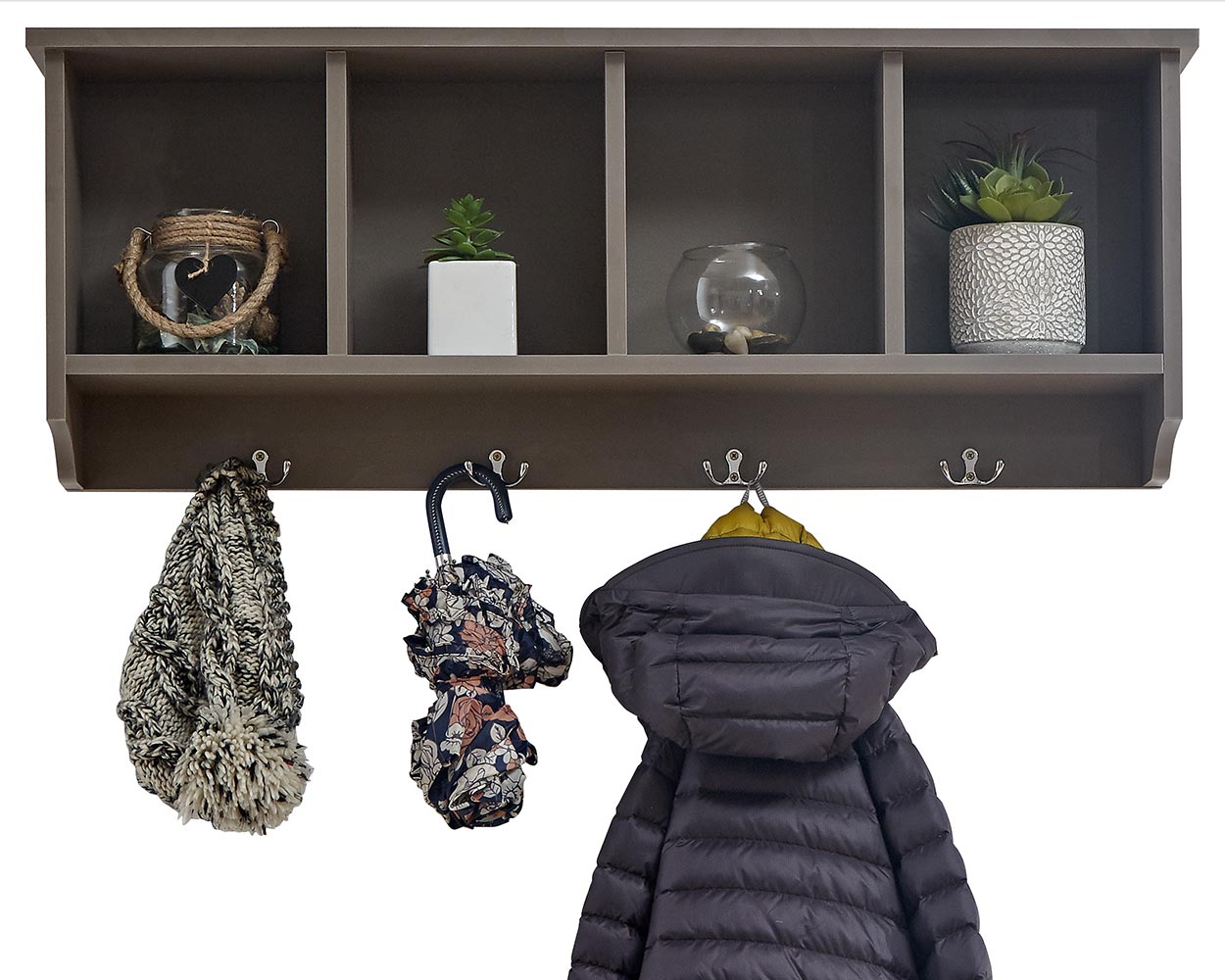 Storage Wall Rack With Coat Hooks, Grey