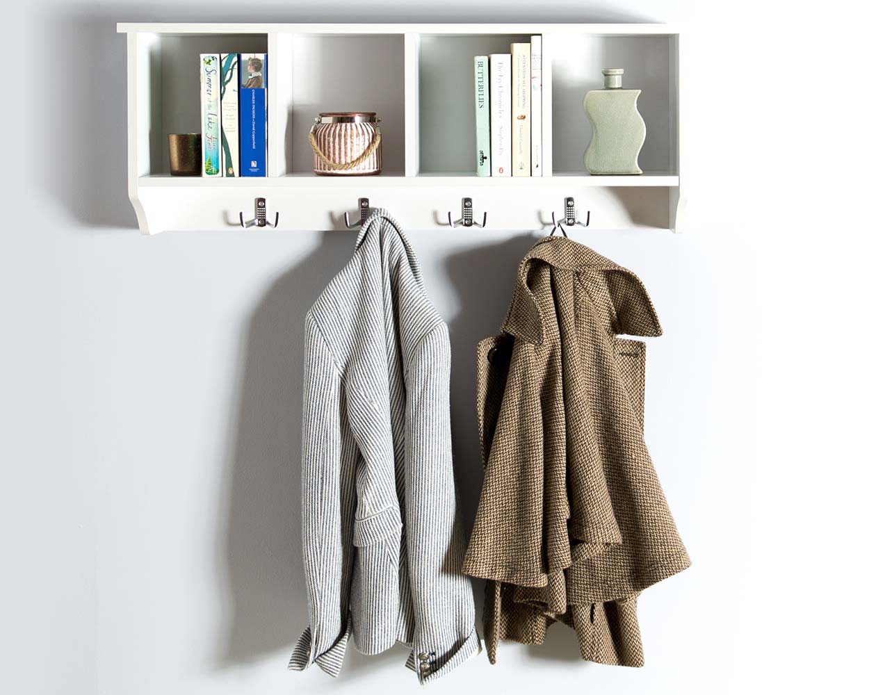 Storage Wall Rack With Coat Hooks, White