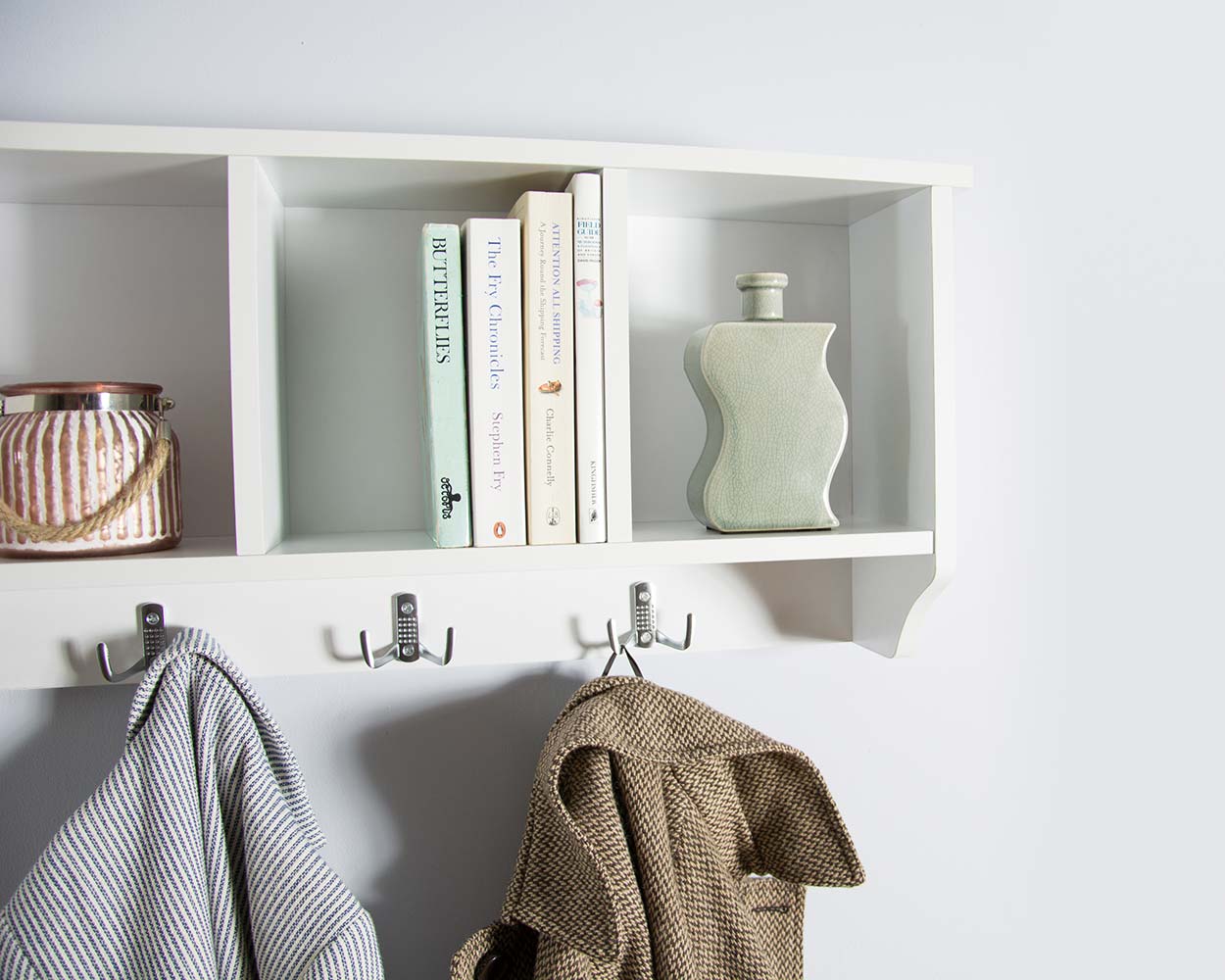 Storage Wall Rack With Coat Hooks, White