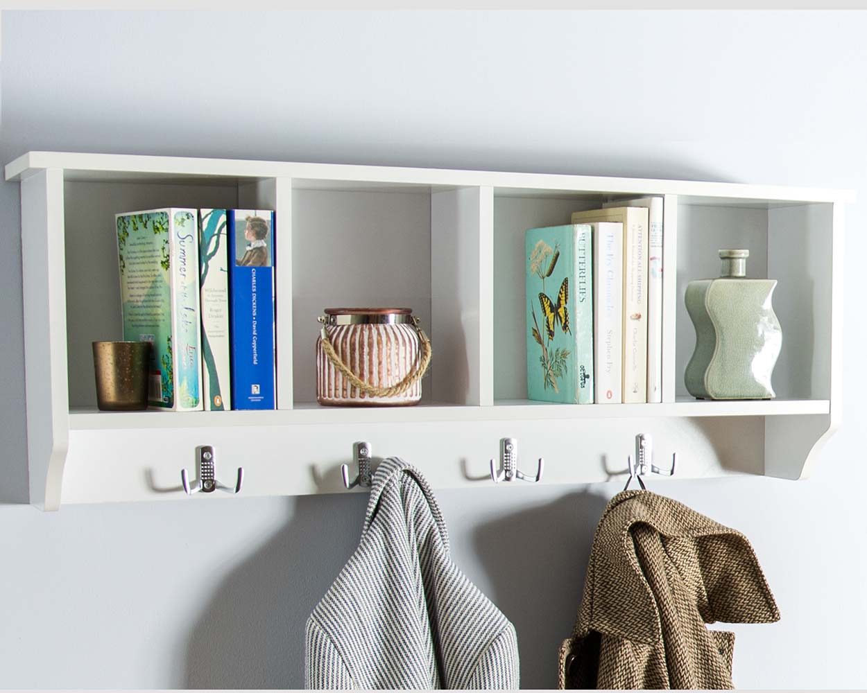 Storage Wall Rack With Coat Hooks, White