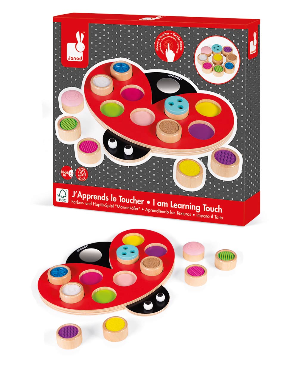 Kids Activity Toy Ladybird Touch Textures. Box in background, toy in front