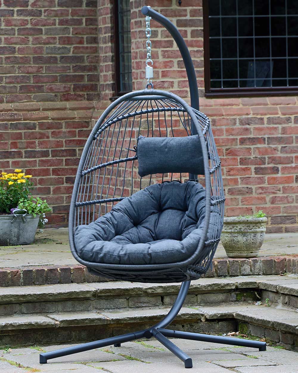 Enjoy those sunny days in comfort with this stunning Hanging Egg Chair. Whether you're simply enjoying a good book or relaxing in the sun this egg is the perfect addition to your garden.  The contemporary design adds a touch of sophistication to your outdoor space. The powder coated steel frame is robust yet lightweight. The frame is sturdy enough to allow you to easily move the egg chair to your favourite sunny spot. When the weather gets colder this egg chair can be placed indoors in a conservatory