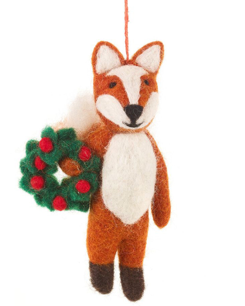This adorable felt fox will definitely put a smile on your face. So, put on those Christmas songs, and happily decorate your tree! Made from 100% Wool with no plastic or glue in sight! This little character is charming in every single way. Designed with a red berry Christmas wreath in hand, this fox is delightful.