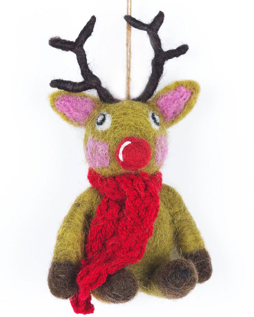 This adorable felt reindeer will definitely put a smile on your face. So, put on those Christmas songs, and happily decorate your tree! Made from 100% Wool with no plastic or glue in sight! This little character is charming in every single way.