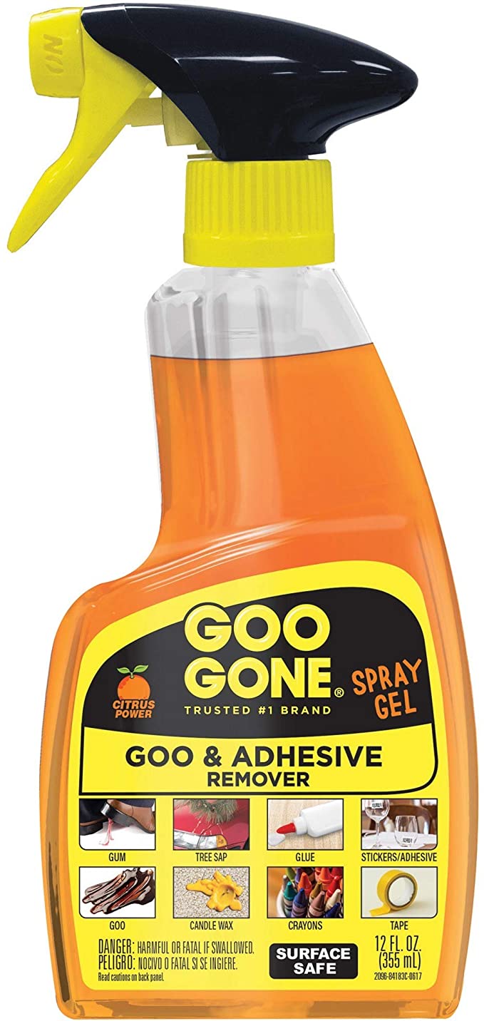 This goo gone spray is great for cleaning-up adhesives, sealants, scuff marks and more!   This trusted #1 brand removes gooey messes. Try it on gum, crayon, tape residue, glue, pen and much, much more.   Can be used on vertical surfaces, specially formulated to cling to the goo! Breaking down the adhesive.
