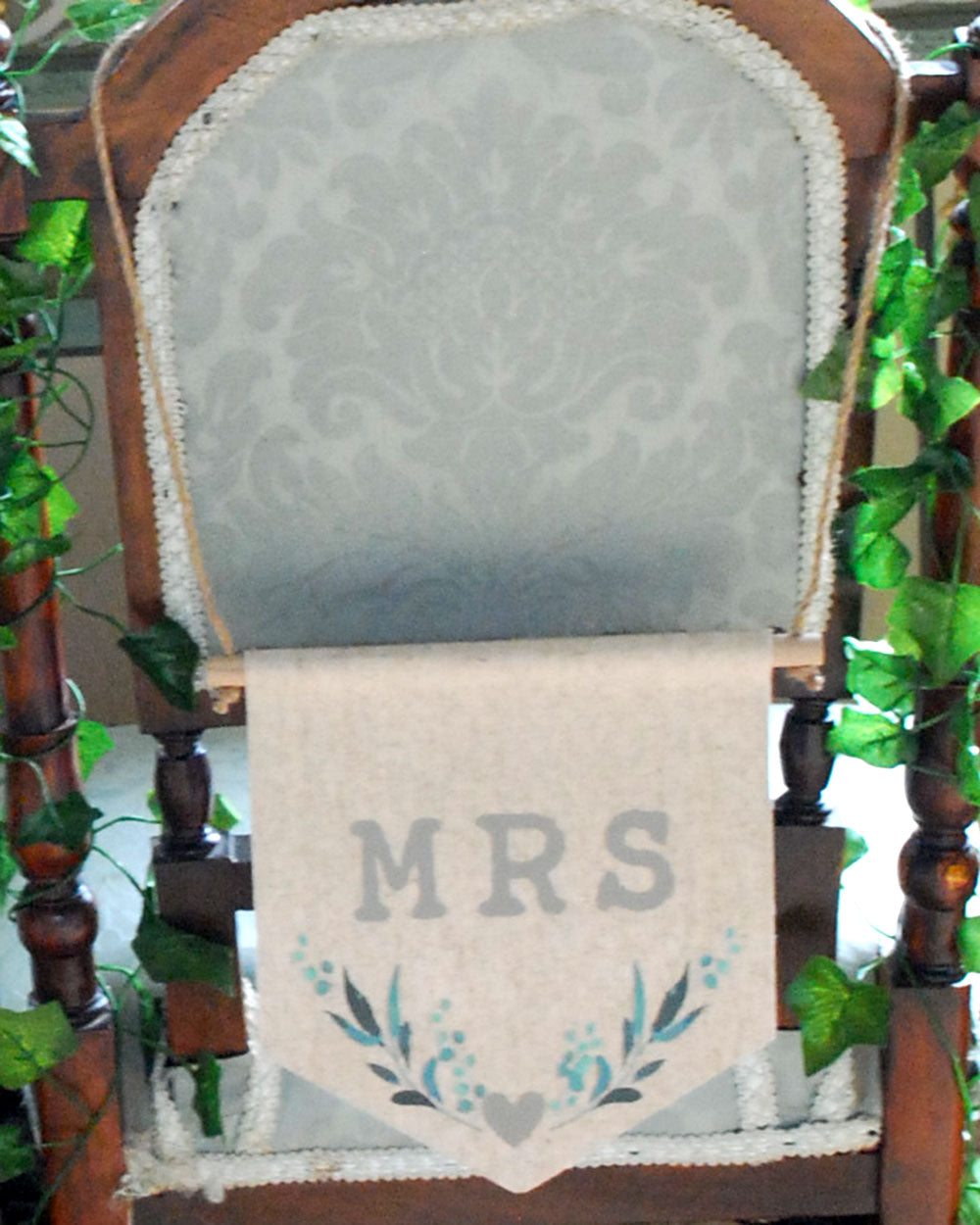 Mr & Mrs Wedding Chair Signs Leaf Print