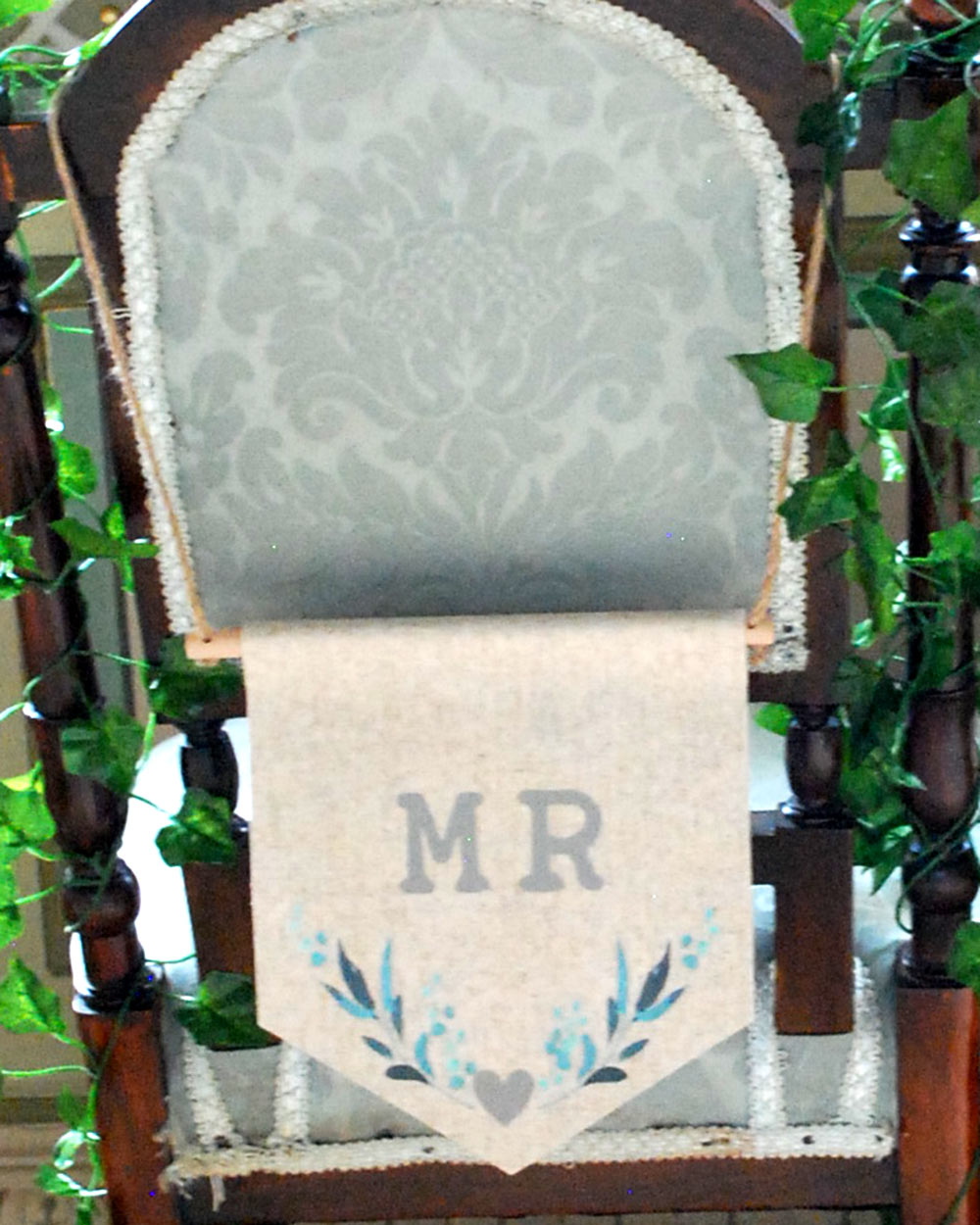 Mr & Mrs Wedding Chair Signs Leaf Print