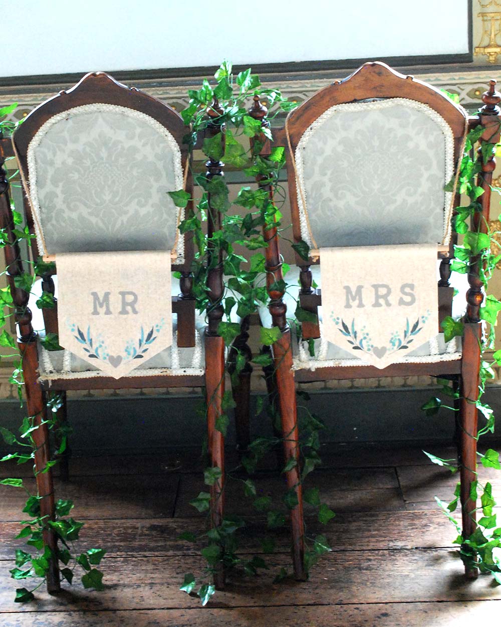 Mr & Mrs Wedding Chair Signs Leaf Print