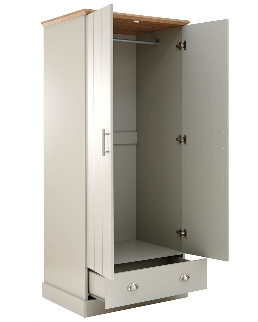 2 Door Wardrobe with 1 Drawer Grey side on white cut out image wardrobe open space