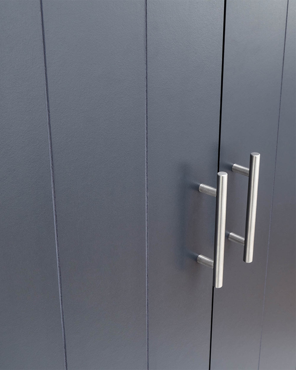 2 Door Wardrobe with 1 Drawer Slate Blue close up on the chrome effect handles on the front of the wardrobe