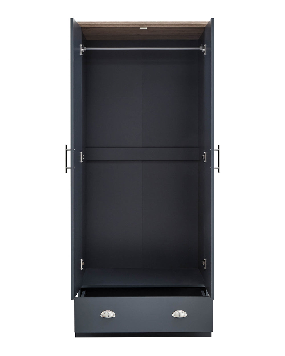 2 Door Wardrobe with 1 Drawer Slate Blue front view with the doors open, inside view on a white cut out background
