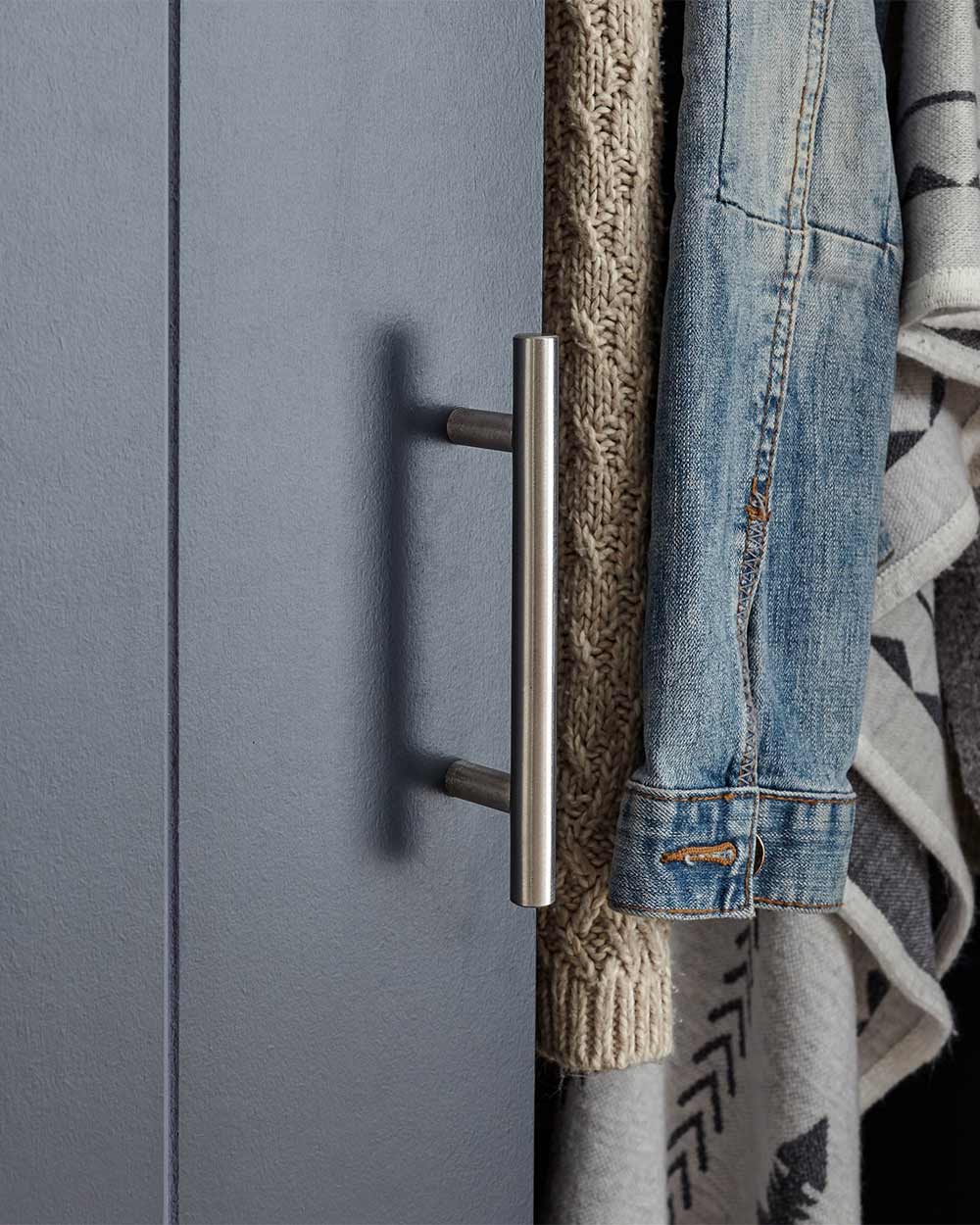 2 Door Wardrobe with 1 Drawer Slate Blue close up of the chrome effect handles modern for any bedroom