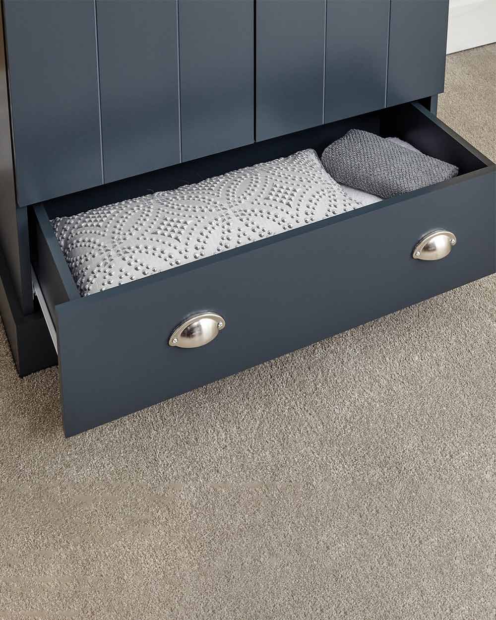 2 Door Wardrobe with 1 Drawer Slate Blue drawer open and close up of handles