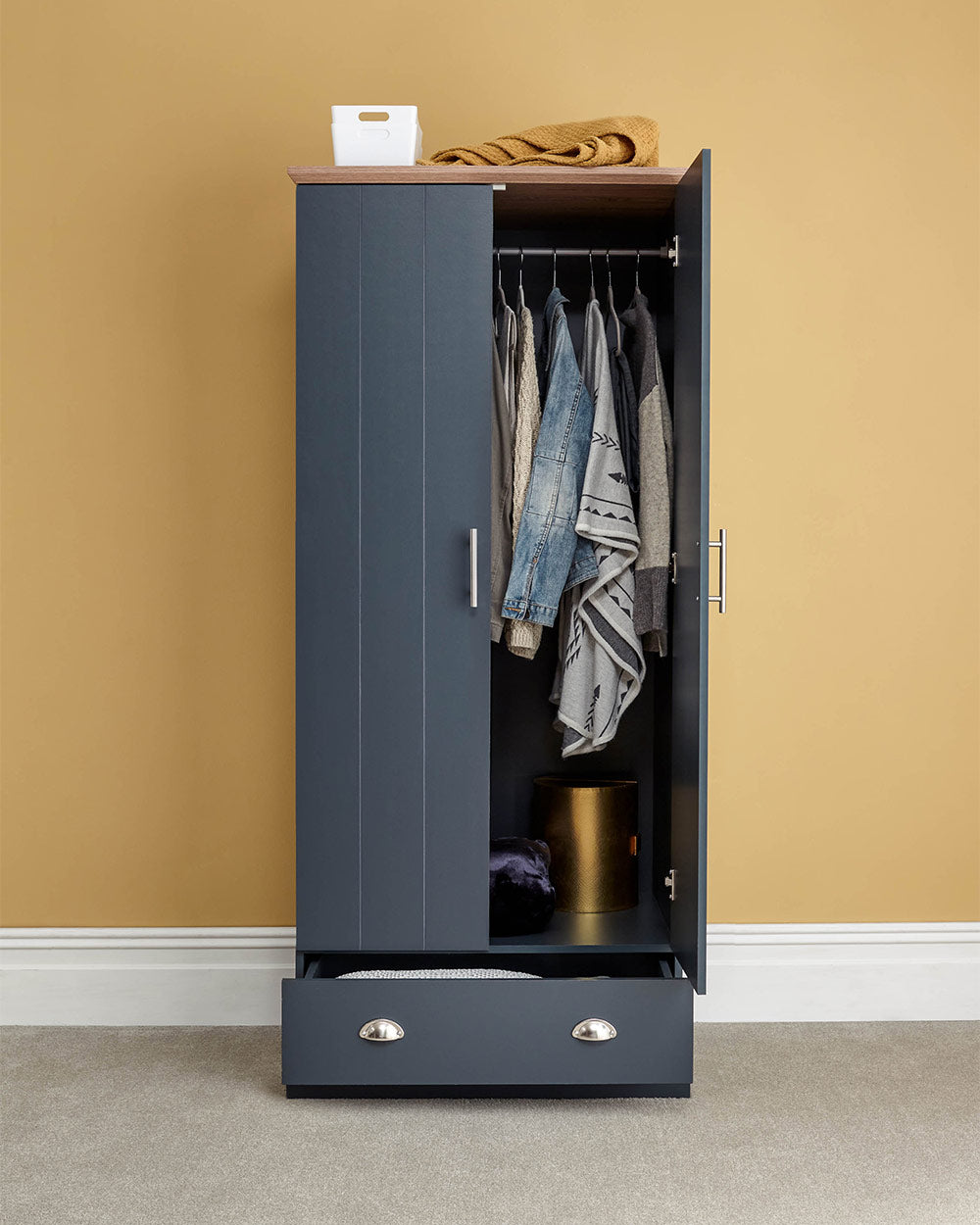 2 Door Wardrobe with 1 Drawer Slate Blue. Inside wardrobe space example