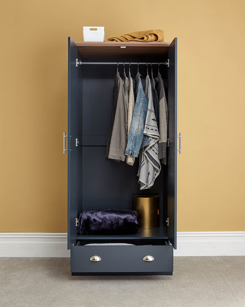 2 Door Wardrobe with 1 Drawer Slate Blue open lifestyle image