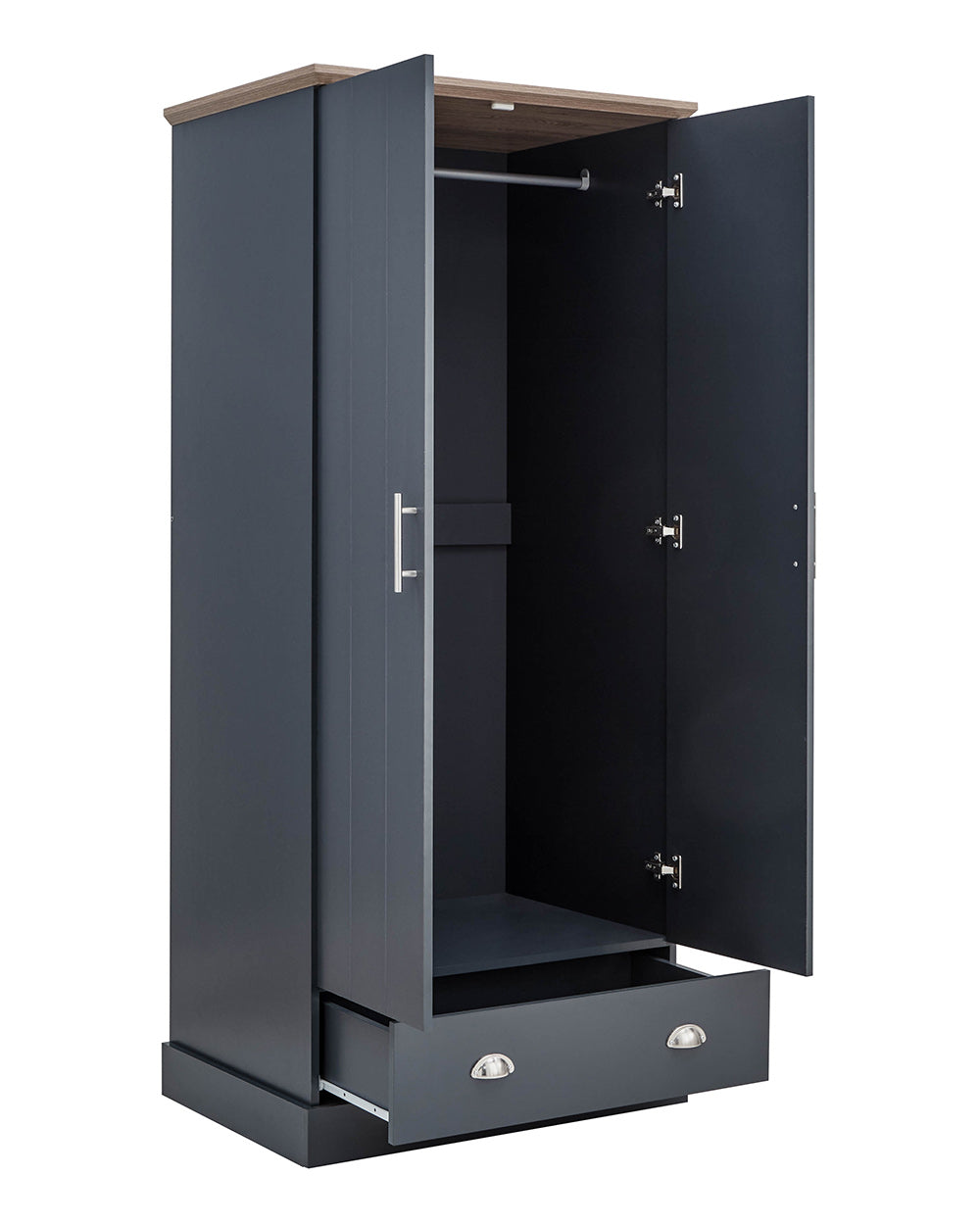 2 Door Wardrobe with 1 Drawer Slate Blue doors open on a white back ground