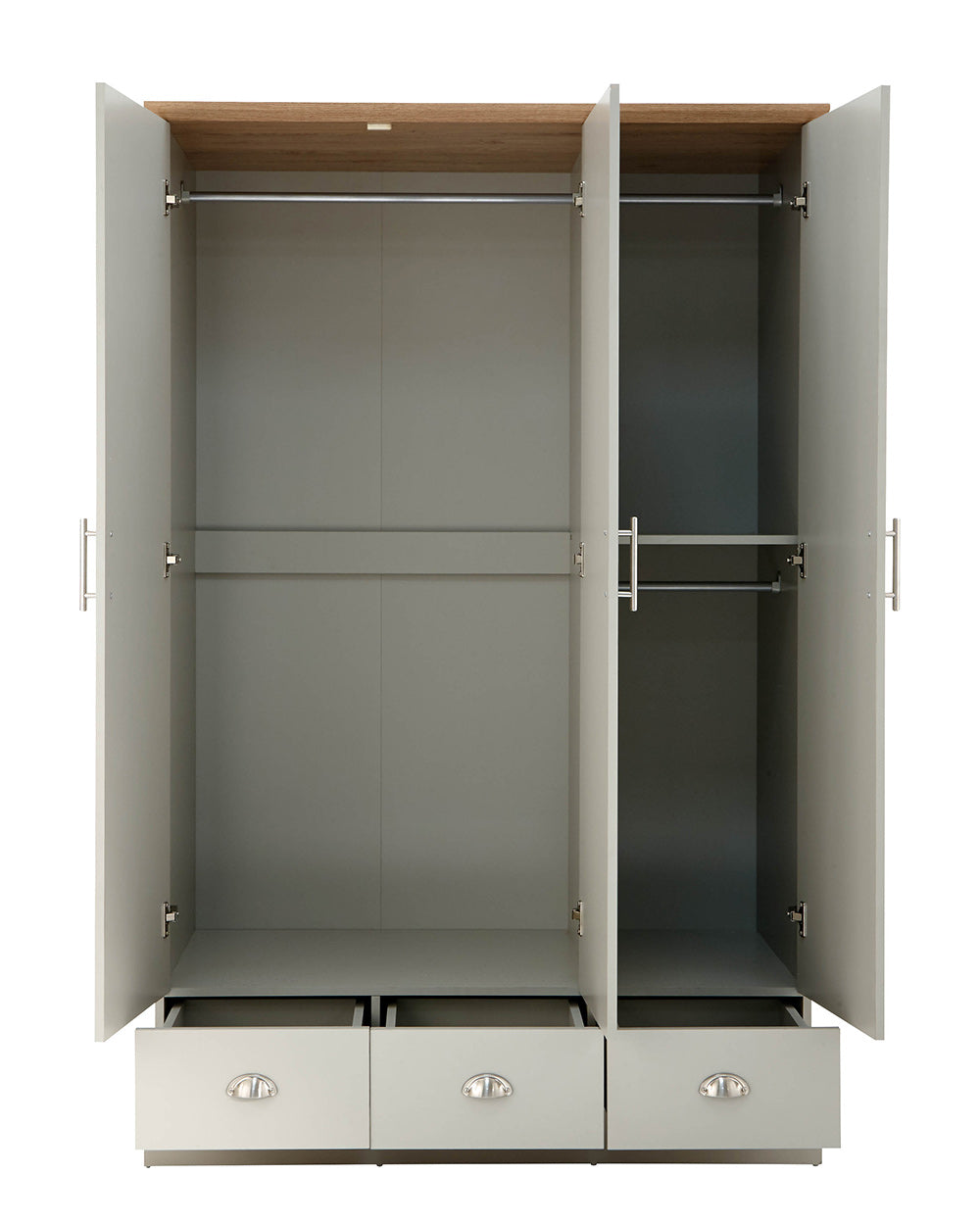 A 3 door wardrobe in modern subtle grey offers ample storage space and elegant brushed steel handles. The wardrobe opens to reveal hanging space and a convenient shelf. It also features three drawers with cup handles. The muted grey colour complements any interior style and contrasts with the oak-effect top. The wardrobe is aesthetically pleasing and sturdy, with a deep base plinth. It comes flat packed for self-assembly. Delivery is available only to mainland UK, excluding certain postcodes.
