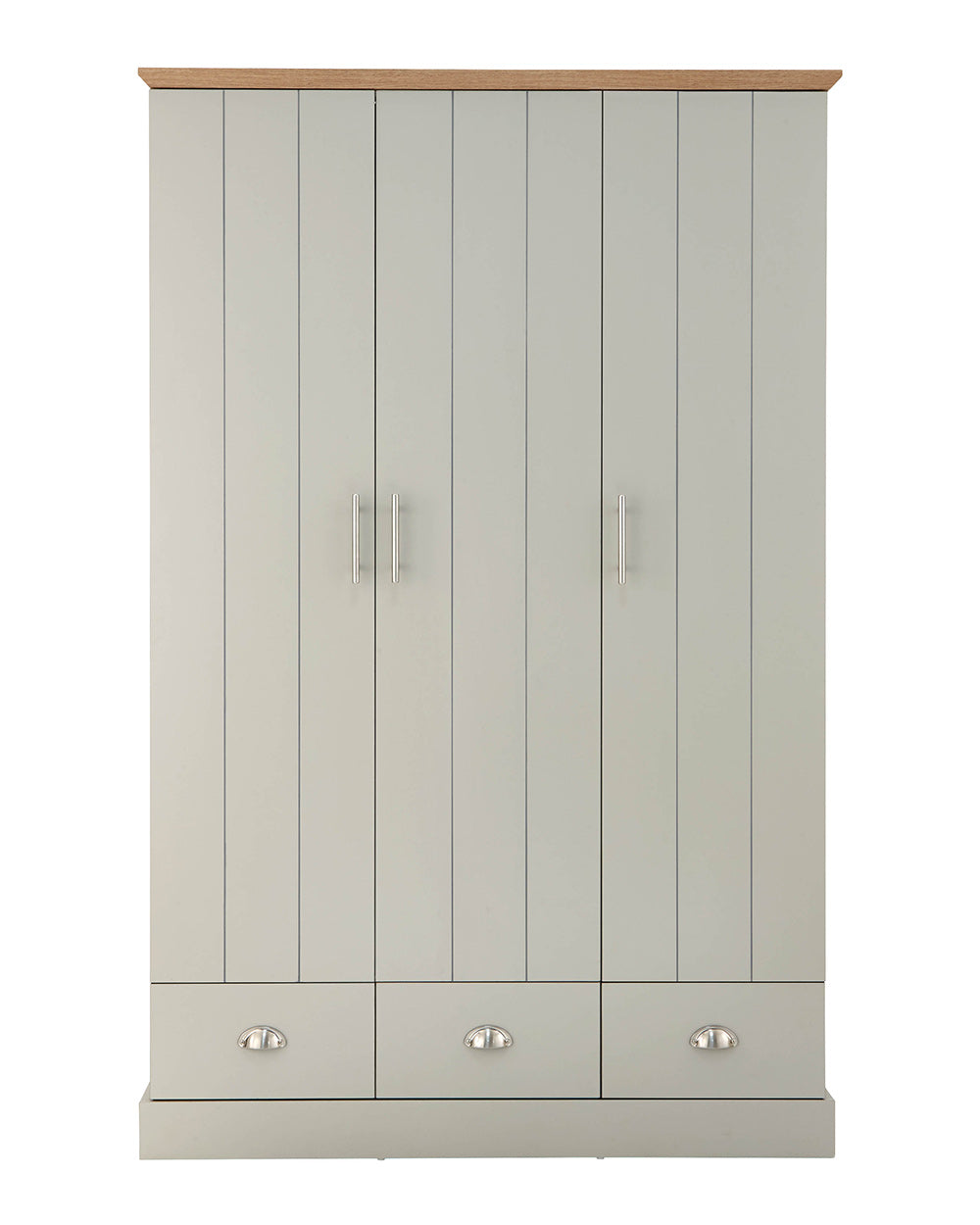 A 3 door wardrobe in modern subtle grey offers ample storage space and elegant brushed steel handles. The wardrobe opens to reveal hanging space and a convenient shelf. It also features three drawers with cup handles. The muted grey colour complements any interior style and contrasts with the oak-effect top. The wardrobe is aesthetically pleasing and sturdy, with a deep base plinth. It comes flat packed for self-assembly. Delivery is available only to mainland UK, excluding certain postcodes.
