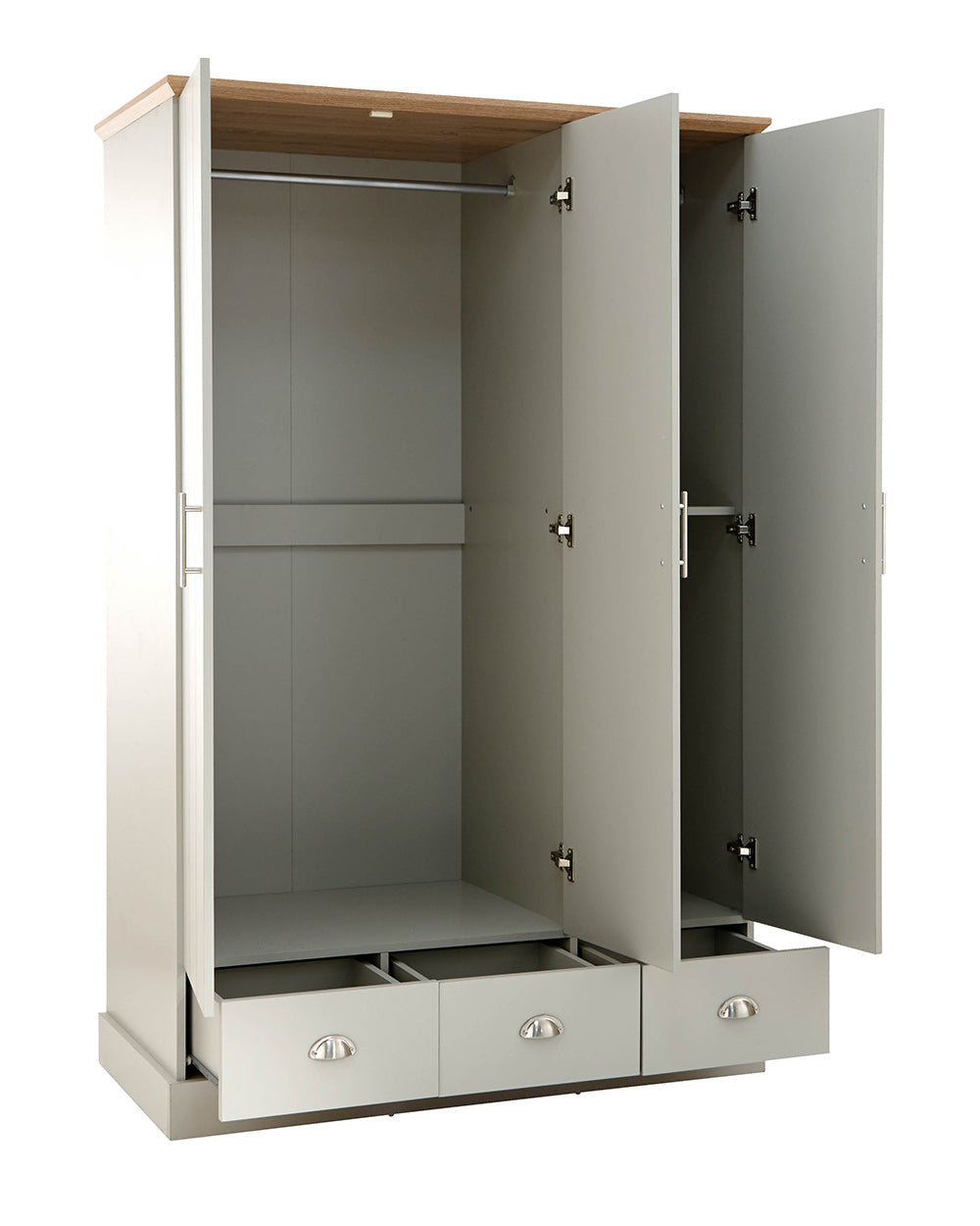 A 3 door wardrobe in modern subtle grey offers ample storage space and elegant brushed steel handles. The wardrobe opens to reveal hanging space and a convenient shelf. It also features three drawers with cup handles. The muted grey colour complements any interior style and contrasts with the oak-effect top. The wardrobe is aesthetically pleasing and sturdy, with a deep base plinth. It comes flat packed for self-assembly. Delivery is available only to mainland UK, excluding certain postcodes.