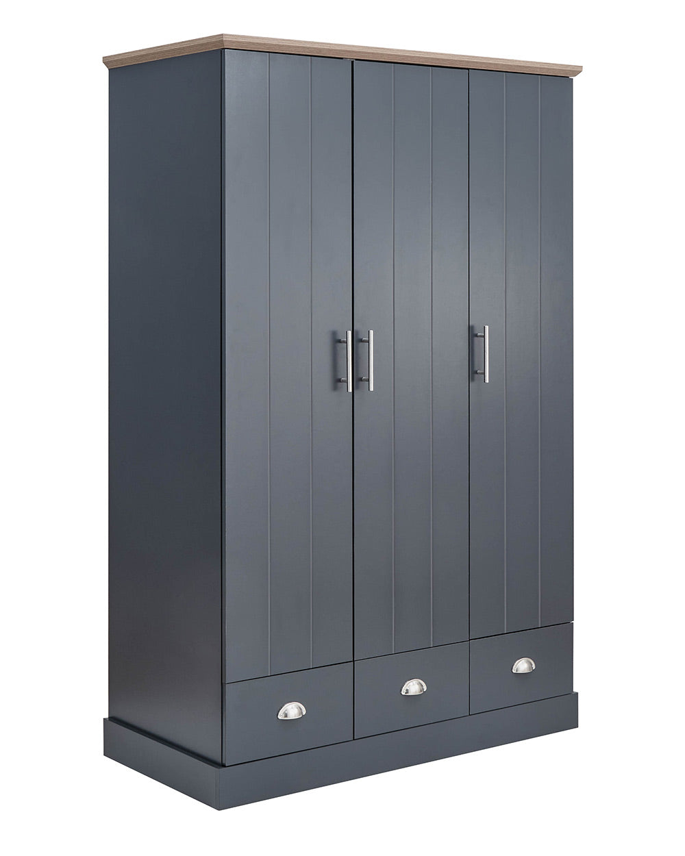 A 3 door wardrobe in modern slate blue offers ample storage space and elegant brushed steel handles. The wardrobe opens to reveal hanging space and a convenient shelf. It also features three drawers with cup handles. The bold slate blue colour complements any interior style and contrasts with the oak-effect top. The wardrobe is aesthetically pleasing and sturdy, with a deep base plinth. It comes flat packed for self-assembly. Delivery is available only to mainland UK, excluding certain postcodes.