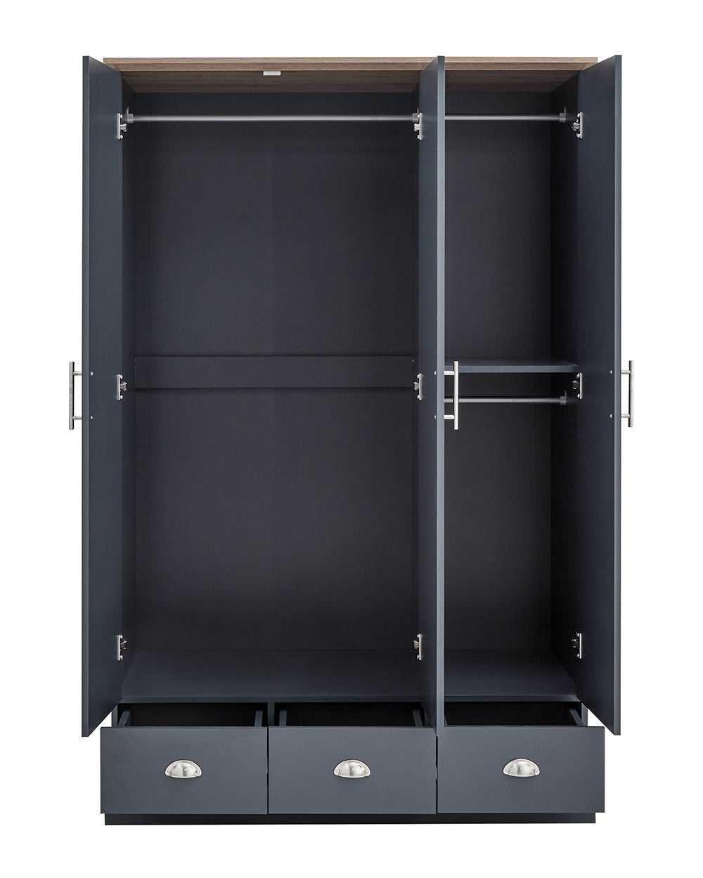 A 3 door wardrobe in modern slate blue offers ample storage space and elegant brushed steel handles. The wardrobe opens to reveal hanging space and a convenient shelf. It also features three drawers with cup handles. The bold slate blue colour complements any interior style and contrasts with the oak-effect top. The wardrobe is aesthetically pleasing and sturdy, with a deep base plinth. It comes flat packed for self-assembly. Delivery is available only to mainland UK, excluding certain postcodes.