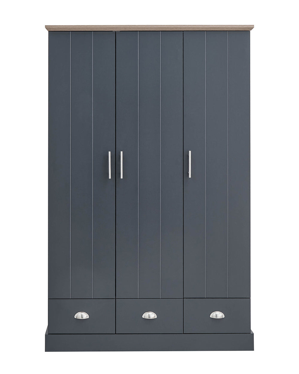 A 3 door wardrobe in modern slate blue offers ample storage space and elegant brushed steel handles. The wardrobe opens to reveal hanging space and a convenient shelf. It also features three drawers with cup handles. The bold slate blue colour complements any interior style and contrasts with the oak-effect top. The wardrobe is aesthetically pleasing and sturdy, with a deep base plinth. It comes flat packed for self-assembly. Delivery is available only to mainland UK, excluding certain postcodes.